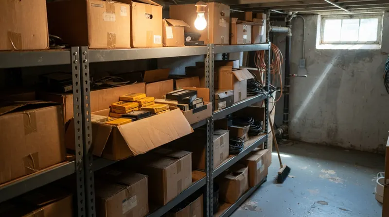 Basement metal shelves stacked with old cardboard boxes, a few with small yellow film boxes and VHS tapes visible, lit by a single bulb