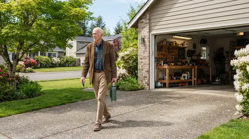 An older man in a corduroy jacket carrying a thermos up a suburban driveway toward an open garage in morning light