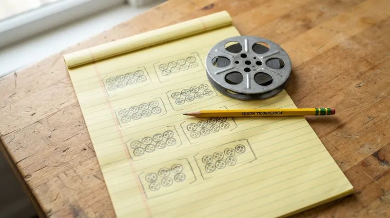 A hand-drawn chart in pencil on a yellow legal pad showing small reels grouped into boxes, beside a film reel and a pencil