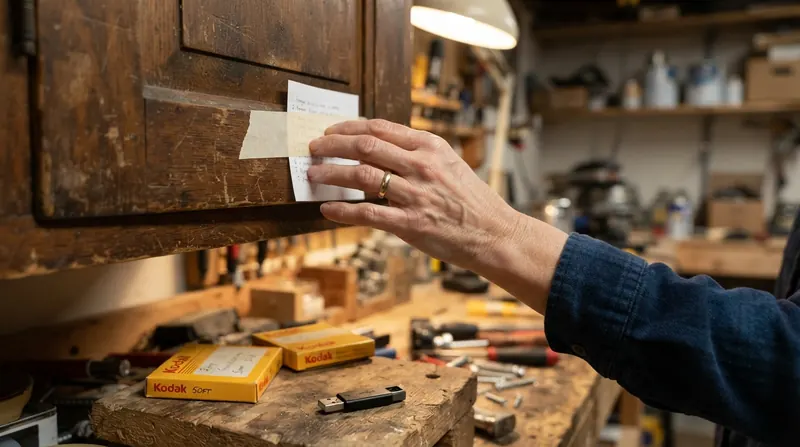 A woman's hand taping a handwritten note to a wooden basement cabinet door above a workbench with film reels on it