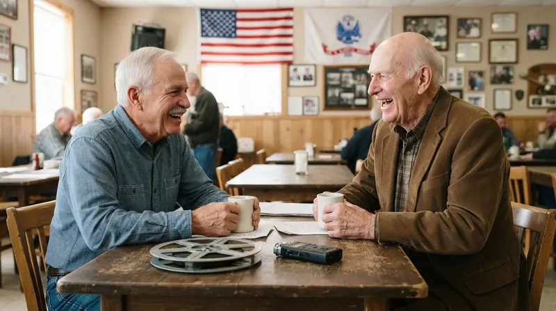 Two older men laughing at a table in a veterans hall with coffee mugs, a film reel and a small audio recorder between them