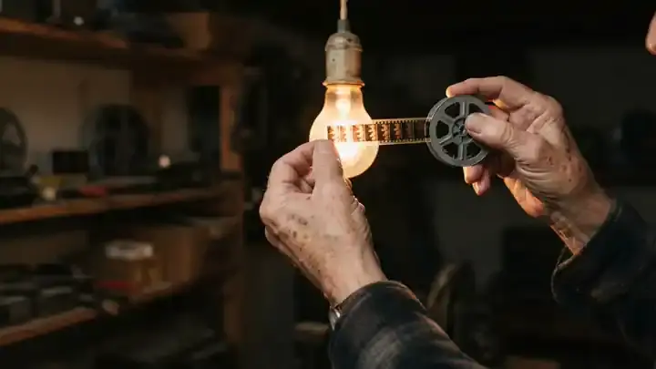 An older man's hands holding a strip of home-movie film up to a bare light bulb in a basement, tiny frames glowing amber, slow camera move