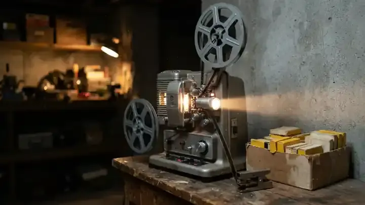 Small gray film reels turning slowly on an old projector in a dim basement, a soft beam of light in the air, slow zoom, slow camera move