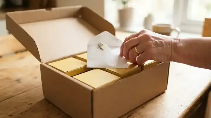 A returned cardboard box opened on a kitchen table with small yellow film reel boxes and a thumb drive in a small paper envelope, slow camera move