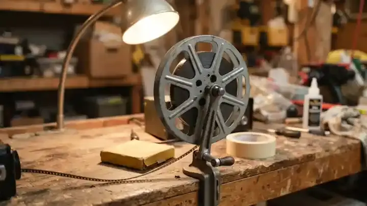 A gray metal film reel turning slowly on a rewind arm on a basement workbench under a warm work lamp, slow zoom, slow camera move