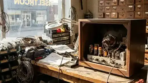 An old television repair workbench with vacuum tubes, a soldering iron and a vintage TV set with its back panel removed