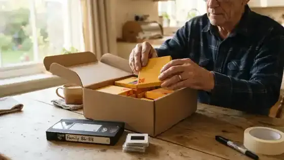 A cardboard mail-in kit box on a kitchen table being packed with small yellow film reel boxes, a VHS tape and a stack of slides