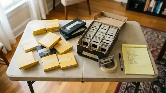 A card table covered with numbered masking-tape strips on film reel boxes, VHS tapes and a shoebox of slides, with a handwritten list